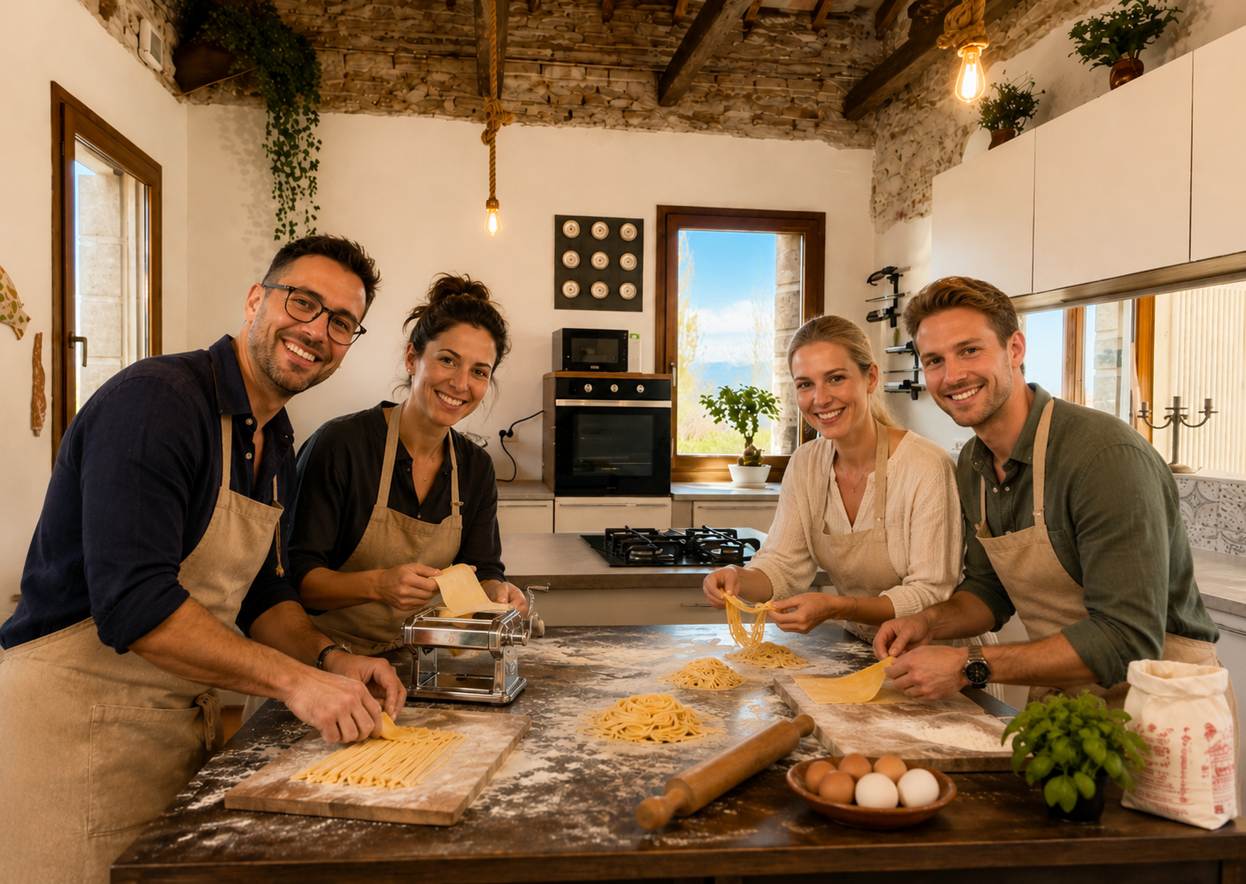 Ospiti preparano la pasta fresca durante una cooking class a Villa Venezia