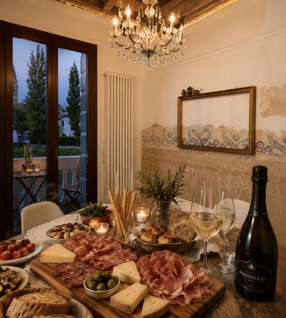 Aperi-Cena a Villa Venezia con salumi, formaggi, pane e Prosecco
