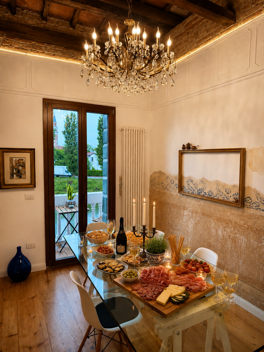 Tavola preparata per l’Aperi-Cena nella sala di Villa Venezia