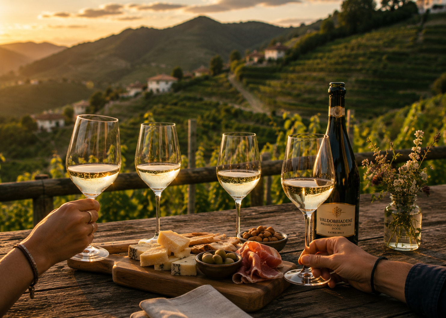 Degustazione di Prosecco con prodotti tipici tra i vigneti di Valdobbiadene al tramonto