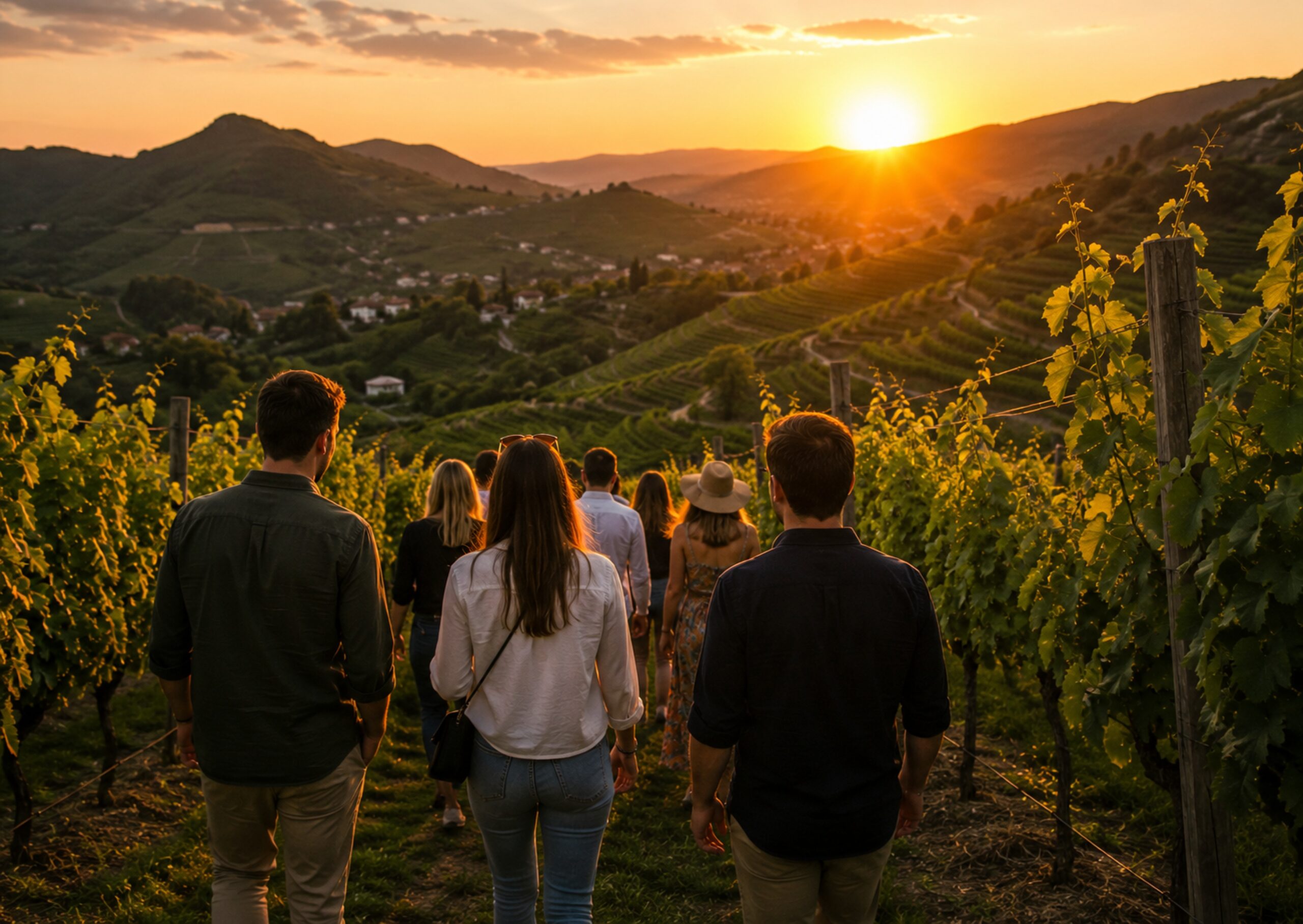 Gruppo durante una passeggiata tra i vigneti di Valdobbiadene al tramonto