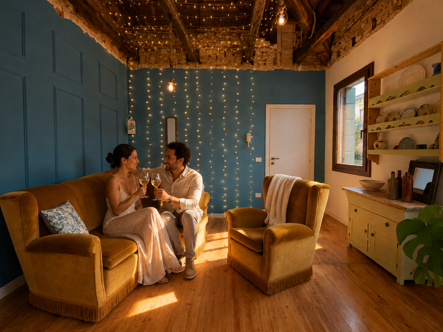 Soggiorno elegante con divano senape e travi in legno a vista